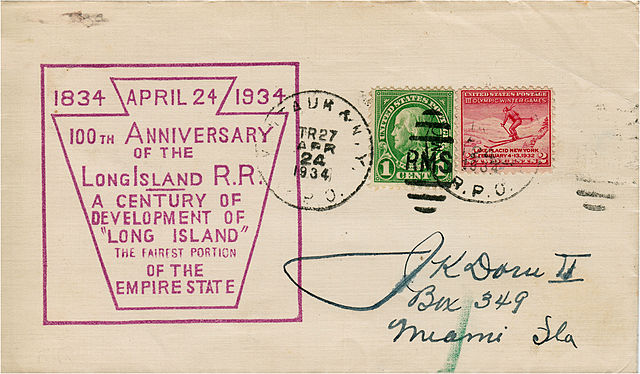 LIRR (Montauk & NY) RPO cover (TR27) for the railroad's 100th anniversary in April 1934