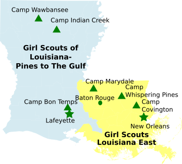 Kort over Girl Scout Councils i Louisiana