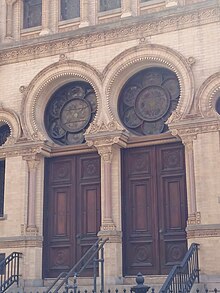 The center doorways of the Eldridge Street Synagogue, which lead to the main sanctuary's first story Lower East Side Apr 2024 23.jpg