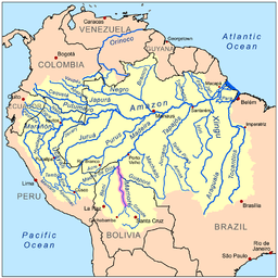 Karta över amazonfloden, med mamoréfloden särskilt utmärkt.