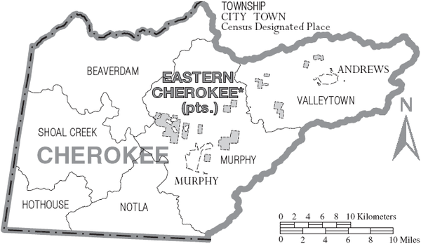 Map of Cherokee County, North Carolina with municipal, township and EBCI labels