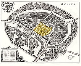Китай-город на плане (1638) Маттеуса Мериана выделен жёлтым цветом.