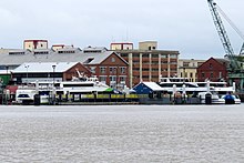 Mare Island ferry terminal, served by the San Francisco Bay Ferry. Mare Island Ferry Terminal from Vallejo, May 2019.JPG