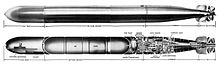 The sideview of Mk.14 torpedoes deployed in Ghazi Mark 14 torpedo side view and interior mechanisms, Torpedoes Mark 14 and 23 Types, OP 635, March 24 1945.jpg