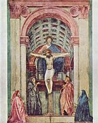 El tema forma parte aquí de una iconografía más compleja: la llamada Trinidad de Masaccio (1425-1426), en la que se mezcla con un Thronum Gratiae y dos donantes.