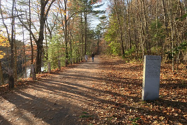 Mass Central Rail Trail with stele thanking benefactors, Oakdale, West Boylston