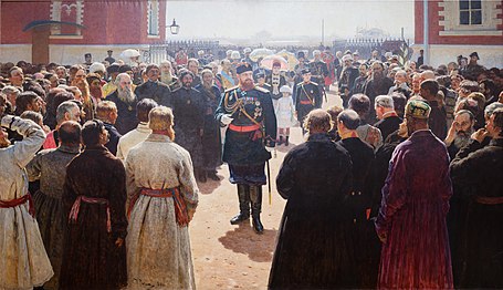 Alexander III receiving rural district elders in the yard of Petrovsky Palace in Moscow (1886)