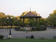 The Music Pavilion in Spianada Square (Ano Plateia) with Palaio Frourio in the background. The philharmonics use it regularly for their free concerts.