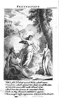 An engraving from The London Magazine, January 1775, showing the Goddess of Peace bringing an olive branch to America and Britannia. OliveBritAmerica1775.jpg