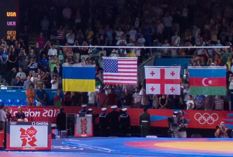 File:Olympic Freestyle Wrestling at Excel - 96kg Victory Ceremony Flags.jpg