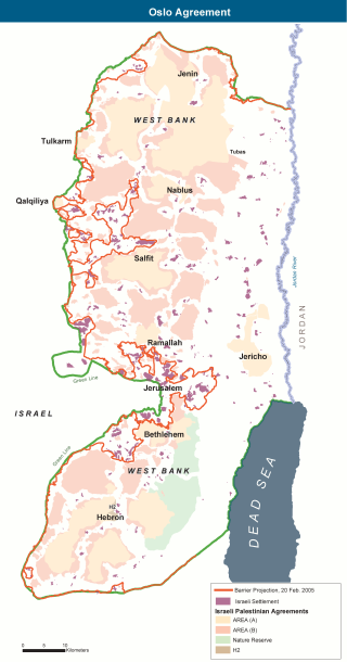 <span class="mw-page-title-main">West Bank areas in the Oslo II Accord</span> Division of the Israeli-occupied West Bank between Palestinian and Israeli control