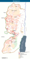 خريطة المناطق. الخط الأحمر يُمثِّل طريق الجدار الإسرائيلي في الضفة الغربية، كما تمت الموافقة عليه في 20 شباط (فبراير) 2005.