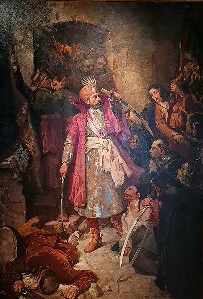 Nikola Šubić Zrinski by Oton Iveković. The work depicts Croatian Ban Nikola IV Zrinski defending against the Ottomans at the Battle of Szigetvár