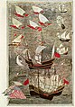 البحرية العثمانية المرتكزة في السويس بمصر وهي تبحر في المحيط الهندي حوالي القرن السادس عشر في عصر حملة أتشيه في بحر جاوه