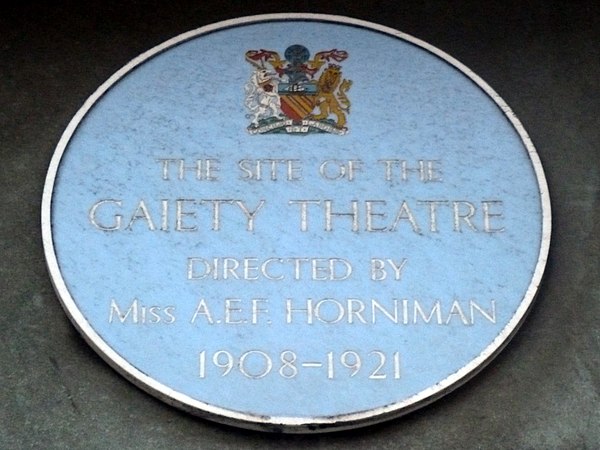 Blue plaque marking the site of the Gaiety theatre