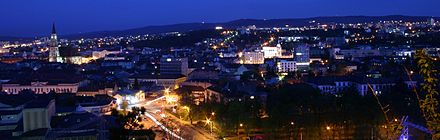 The panorama view of Cluj at night from the Cetatuia Hill.