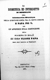 Ulisse Papa, La scomunica ed interdetto di Desenzano, 1871