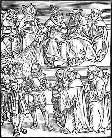 Antichristus, a woodcut by Lucas Cranach the Elder, of the pope using the temporal power to grant authority to a ruler contributing generously to the Catholic Church PapalPolitics2.JPG