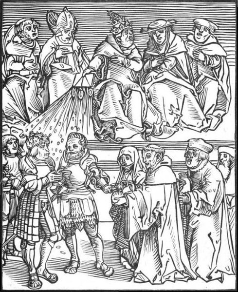Antichristus, a woodcut by Lucas Cranach the Elder: the pope depicted as the Antichrist, using his temporal power to grant authority to a generously c