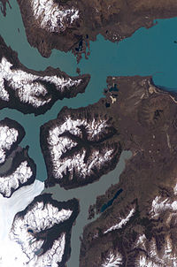 Satellite image of the Chorrillo Formation site (in the middle on the right), the geological unit from where Nullotitan remains have been discovered. In the bottom left seen the Perito Moreno Glacier. Perito Moreno ISS.jpg