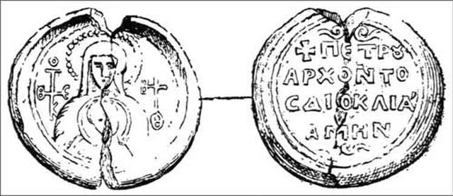 Lead stamp of archont Petar (or Predimir) (9th century), a Byzantine viceroy; The Holy Virgin Mary with the Christ Child (left) and inscription in Gre