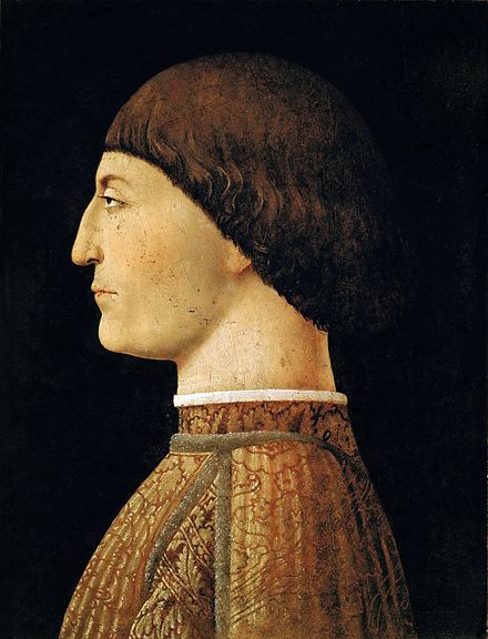 Pandolfo Malatesta (1417–1468), lord of Rimini, by Piero della Francesca. Malatesta was a capable condottiere, following the tradition of his family. He was hired by the Venetians to fight against the Turks (unsuccessfully) in 1465, and was patron of Leone Battista Alberti, whose Tempio Malatestiano at Rimini is one of the first entirely classical buildings of the Renaissance.