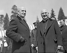 Police Commissioner Thomas F. Sullivan (left), 1944 Police Commissioner Sullivan and bishop at cardinal funeral.jpg