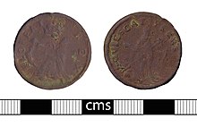 St Patrick token, dated to between 1658 and 1670. The coin is heavily worn but the legends FLOREAT REX and QUIESCAT PLEBS are legible. Post-medieval token, St Patrick's farthing token (FindID 717508).jpg