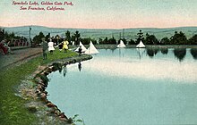 Vintage postcard of the northwest corner of Spreckels Lake, c1904/05, looking north toward 36th Avenue and Fulton Street on left with the boats of the SFMYC. Note the Lake edge construction and slope. Postcard - Spreckels Lake Golden Gate Park c1904-6 San Francsico CA.jpg