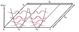 Parabolic potentials along the
x
{\displaystyle x}
-axis centered at
x
k
{\displaystyle x_{k}}
with the 1st wave functions corresponding to an infinite well confinement in the
z
{\displaystyle z}
direction. In the
y
{\displaystyle y}
-direction there are travelling plane waves. Potencialesparabolicos.jpg