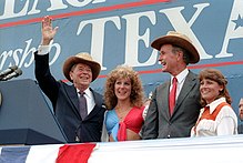 Reagan and Bush campaigning in Austin, Texas President Reagan and Vice President Bush at a rally at Auditorium Shores in Austin Texas.jpg