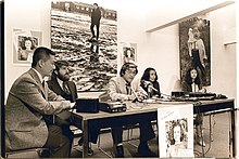 Wendy Yoshimura Fair Trial Committee press conference at Japanese American Citizens League, San Francisco, in 1976, left to right, Raymond Y. Okamura, James Larson, Lloyd Keigo Wake, Wendy Yoshimura, and Gail Aratani. Press conference 2 with Lloyd Wake and Wendy Yoshimura,.jpg