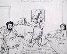Когда кончится война?Рисунок Маревны, 1916, Париж.Слева направо — Ривера, Модильяни, Эренбург