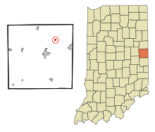 Randolph County Indiana Zonele încorporate și necorporate Saratoga Highlighted.svg