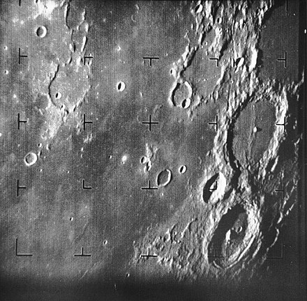 First image of the Moon taken by a U.S. spacecraft. The large crater at center right is Alphonsus
