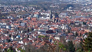 Blick vom Restaurant Achalm auf die Reutlinger Altstadt (April 2012)