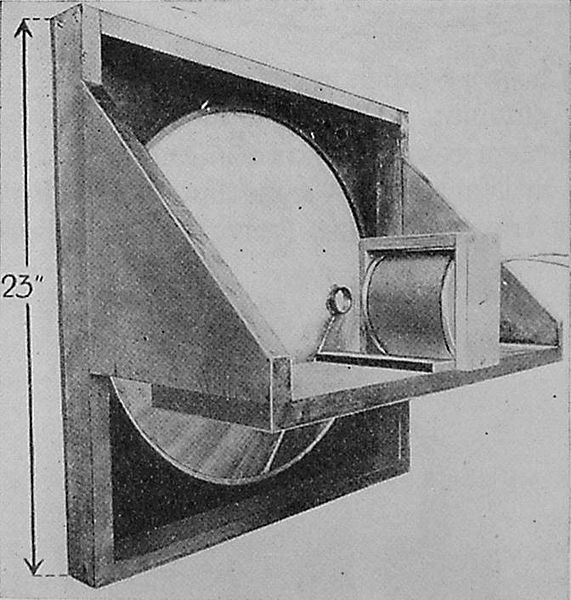 Prototype moving-coil cone loudspeaker by Kellogg and Rice in 1925, with electromagnet pulled back, showing voice coil attached to cone