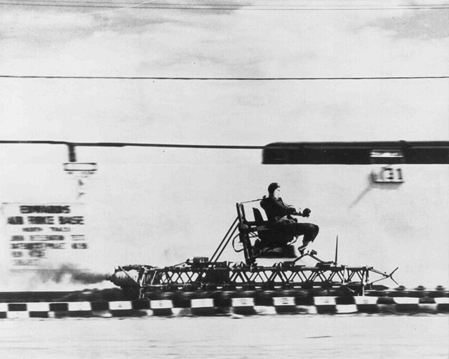 Stapp rides the rocket sled at Edwards Air Force Base