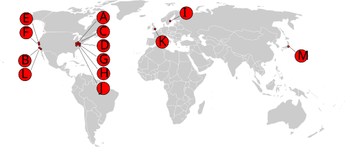 Historische Root-Server-Karte vor dem Einsatz von Anycast