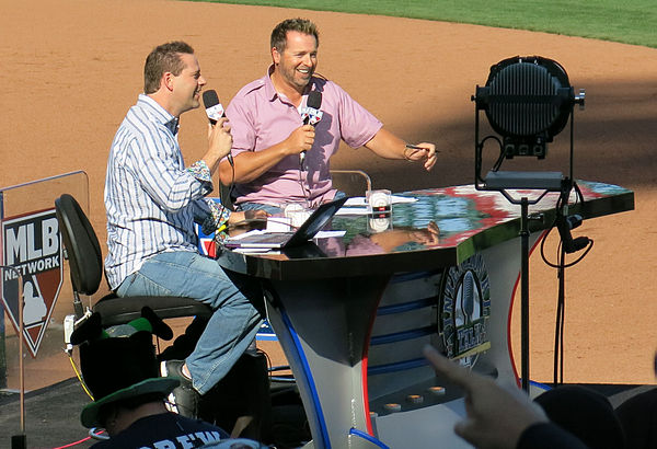 Chris Rose and Kevin Millar film a segment of Intentional Talk at the 2013 World Baseball Classic semifinal game 1 at AT&T Park in San Francisco, Cali