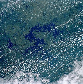A Caniapiscau víztározó fényképe, amelyet űrhajósok készítettek.