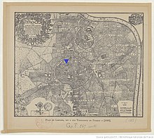 Oude plattegrond van Limoges, die de wijk van de stad onderscheidt, rond de kathedraal, in het noordoosten, en de wijk van de stad, in het centrum, met de abdij van Saint-Martial aangegeven door een blauwe driehoek op de punt.