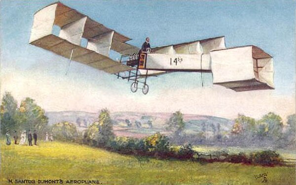 The Santos-Dumont 14-bis on an old postcard, flying at the château's grounds