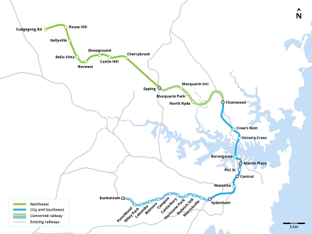 The planned Sydney Metro network as intended to appear in 2024. Scale Map of Proposed Sydney Metro.svg