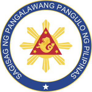 Official seal of the vice president of the Philippines, made of blue, white, yellow and red colors. "Sagisag Ng Pangalawang Pangulo Ng Pilipinas" (in all caps) is written along the circumference.