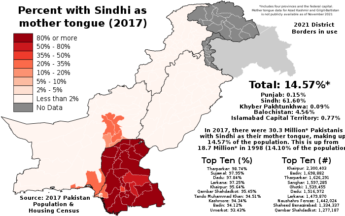 The proportion of people with Sindhi as their mother tongue in each Pakistani District as of the 2017 Pakistan Census