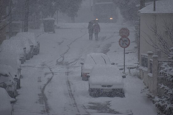 Snowfall in a town in Greece.