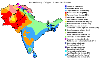 South Asia's Koppen climate classification map is based on native vegetation, temperature, precipitation and their seasonality.
.mw-parser-output .div-col{margin-top:0.3em;column-width:30em}.mw-parser-output .div-col-small{font-size:90%}.mw-parser-output .div-col-rules{column-rule:1px solid #aaa}.mw-parser-output .div-col dl,.mw-parser-output .div-col ol,.mw-parser-output .div-col ul{margin-top:0}.mw-parser-output .div-col li,.mw-parser-output .div-col dd{page-break-inside:avoid;break-inside:avoid-column}
.mw-parser-output .legend{page-break-inside:avoid;break-inside:avoid-column}.mw-parser-output .legend-color{display:inline-block;min-width:1.25em;height:1.25em;line-height:1.25;margin:1px 0;text-align:center;border:1px solid black;background-color:transparent;color:black}.mw-parser-output .legend-text{}
(Af) Tropical rainforest
(Am) Tropical monsoon
(Aw) Tropical savanna, wet & dry
(BWh) Hot desert
(BWk) Cold desert
(BSh) Hot semi arid
(BSk) Cold semi arid
(Csa) Mediterranean, dry, hot summer
(Cfa) Subtropical, humid
(Cwa) Subtropical, humid summer, dry winter
(Cwb) Subtropical highland, dry winter
(Dsa) Continental, hot summer
(Dsb) Continental, warm summer
(Dwb) Continental, dry winter
(Dwc) Continental Subarctic, dry winter South Asia map of Koppen climate classification.svg