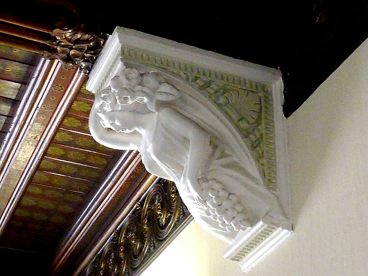 First floor ceiling corbel on grand staircase, showing stencilled and gilded wooden ceiling Spring Hall Halifax 024.jpg