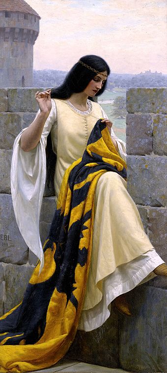 Depiction of chivalric ideals in Romanticism (Stitching the Standard by Edmund Blair Leighton: the lady prepares for a knight to go to war)
